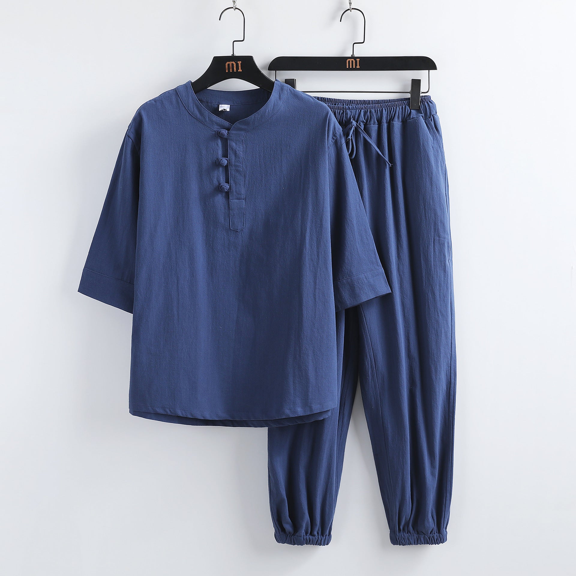 Costume hanfu lin manches courtes boucles bouddhistes – style chinois été homme