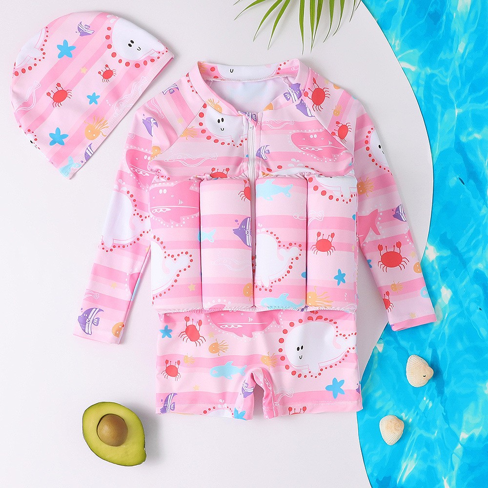 Maillot de bain flottant enfant une pièce avec chapeau – bleu ou rose