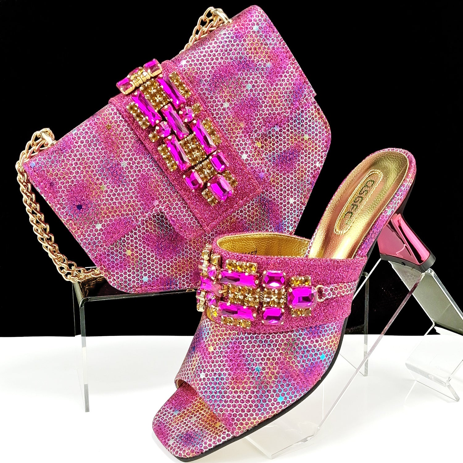 Ensemble chaussures-sac camouflage femme, mules talon haut
