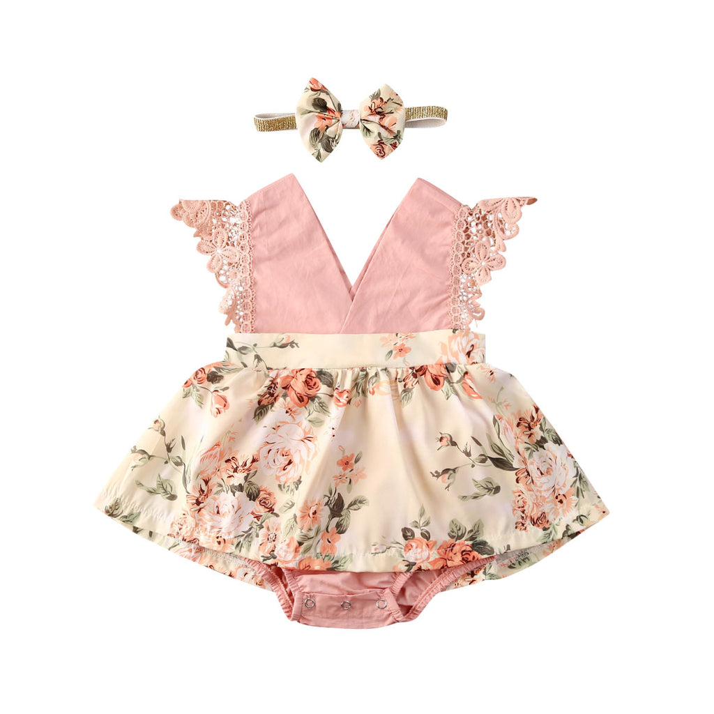 Mono princesa con encaje floral bebé cuello en V verano
