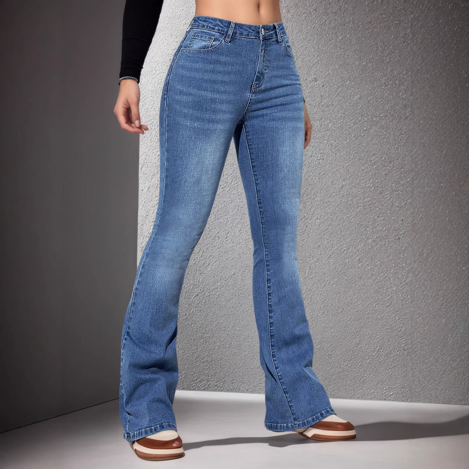 Jeans femme stretch flared high waist – Denim élastique lavage glacé XS-L polyvalent