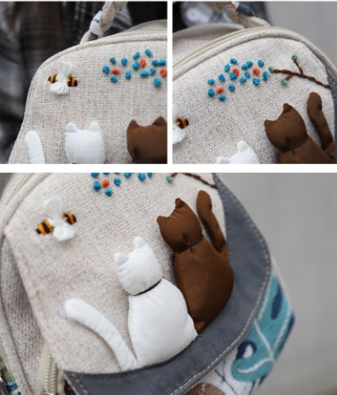 Sac cabas chat 3D parent-enfant toile – style chinois artistique écru