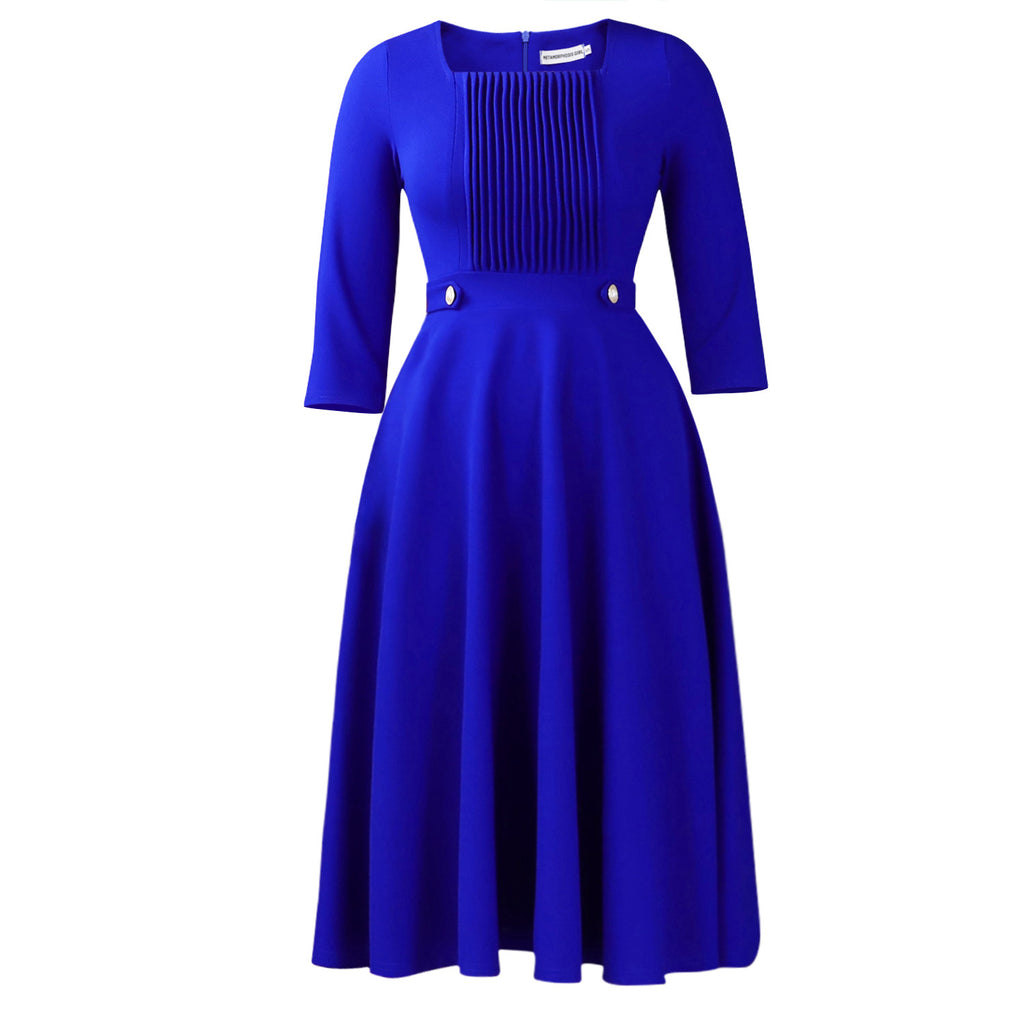 Robe plissée col carré unie chic, grande taille