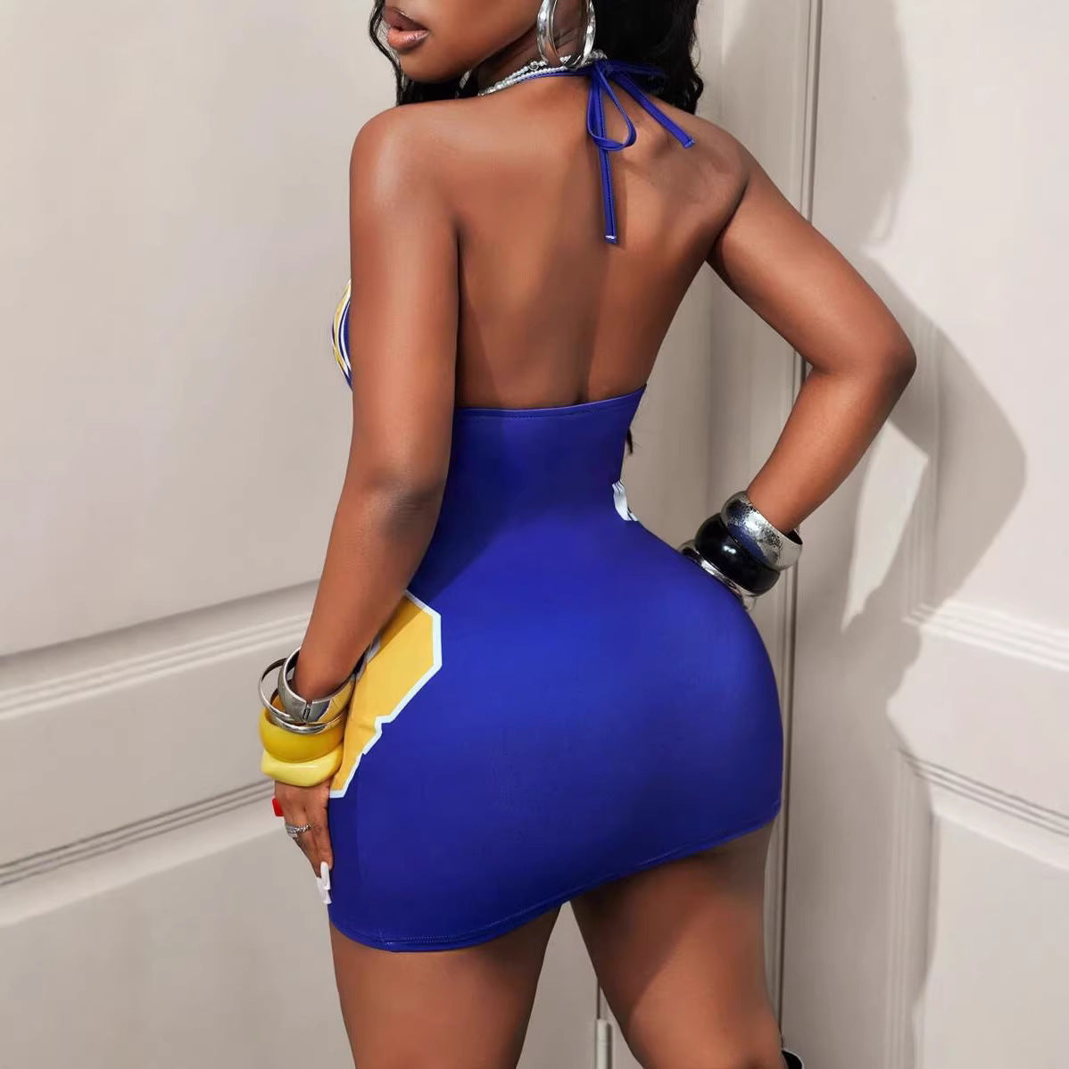 Robe imprimée halterneck dos nu sexy femme