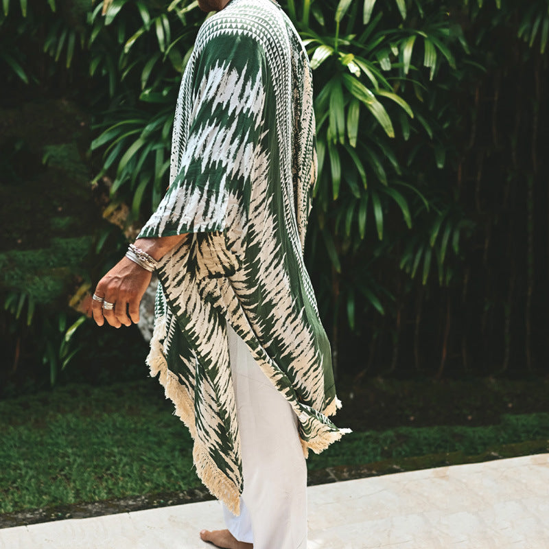 Cape de plage imprimée homme loose tendance – vert foncé réversible