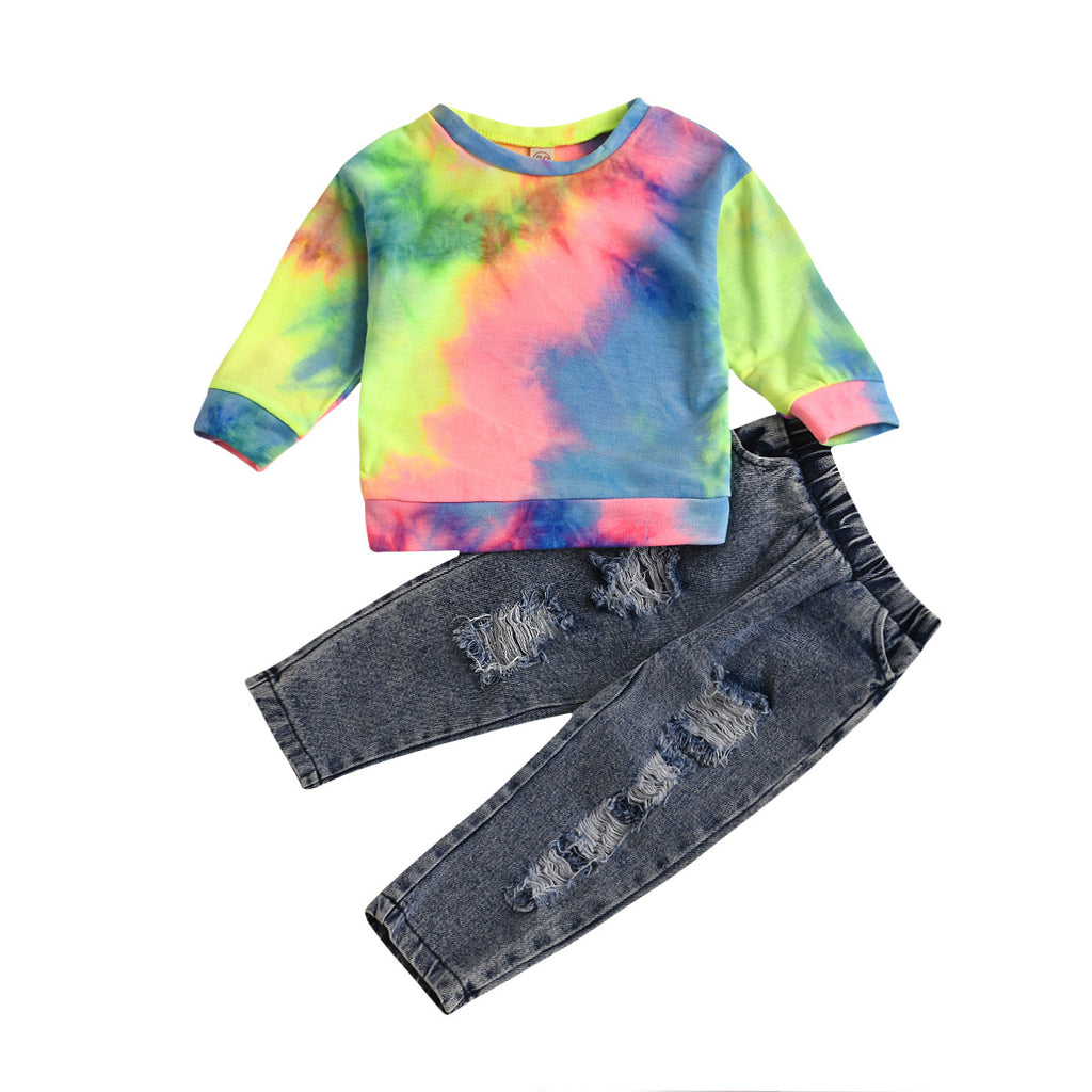 Ensemble enfant tie-dye arc-en-ciel – pull manches longues et pantalon en coton