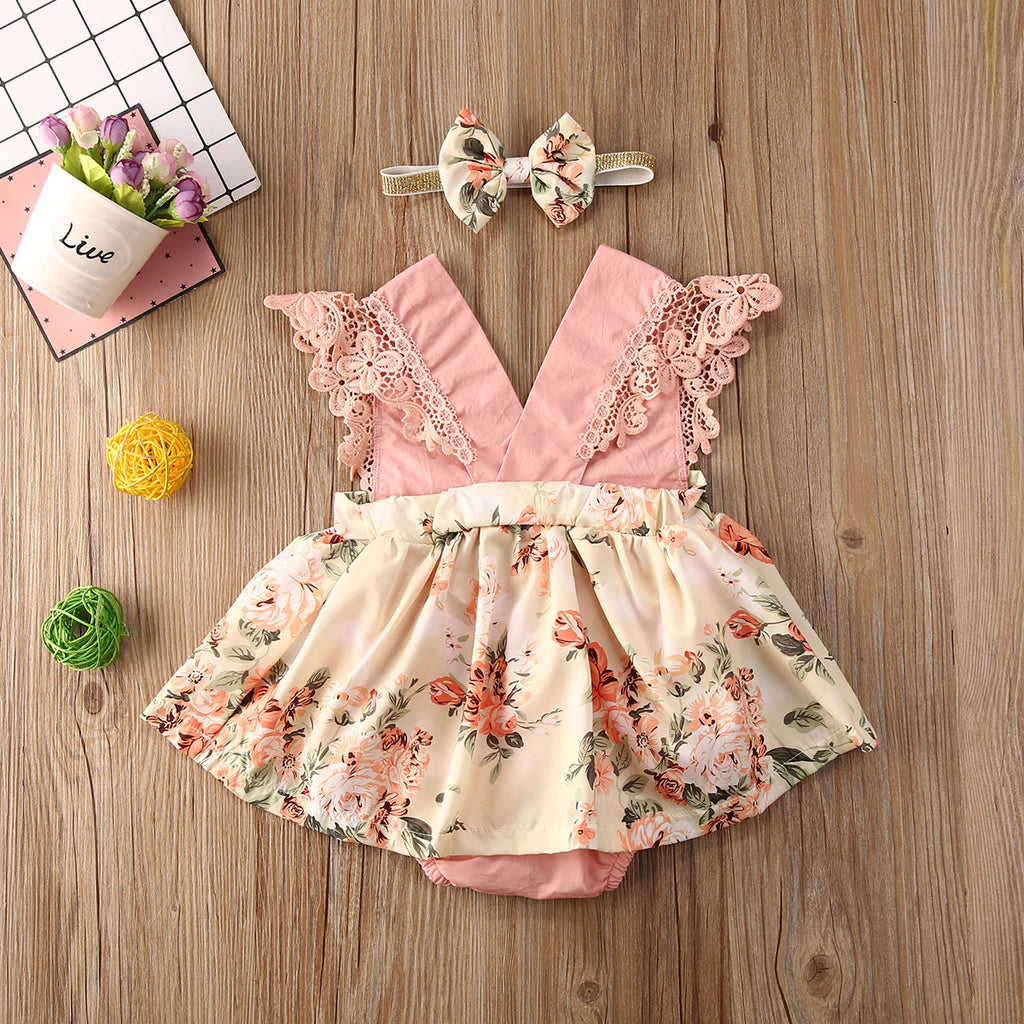 Mono princesa con encaje floral bebé cuello en V verano