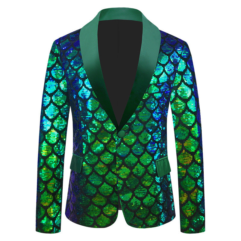 Costume pour homme en velours coloré à paillettes et à écailles.
