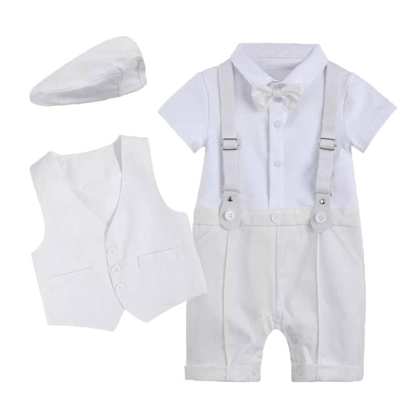 Ensemble combinaison-gilet bébé manches courtes avec chapeau – coton blanc, kaki, gris ou bleu