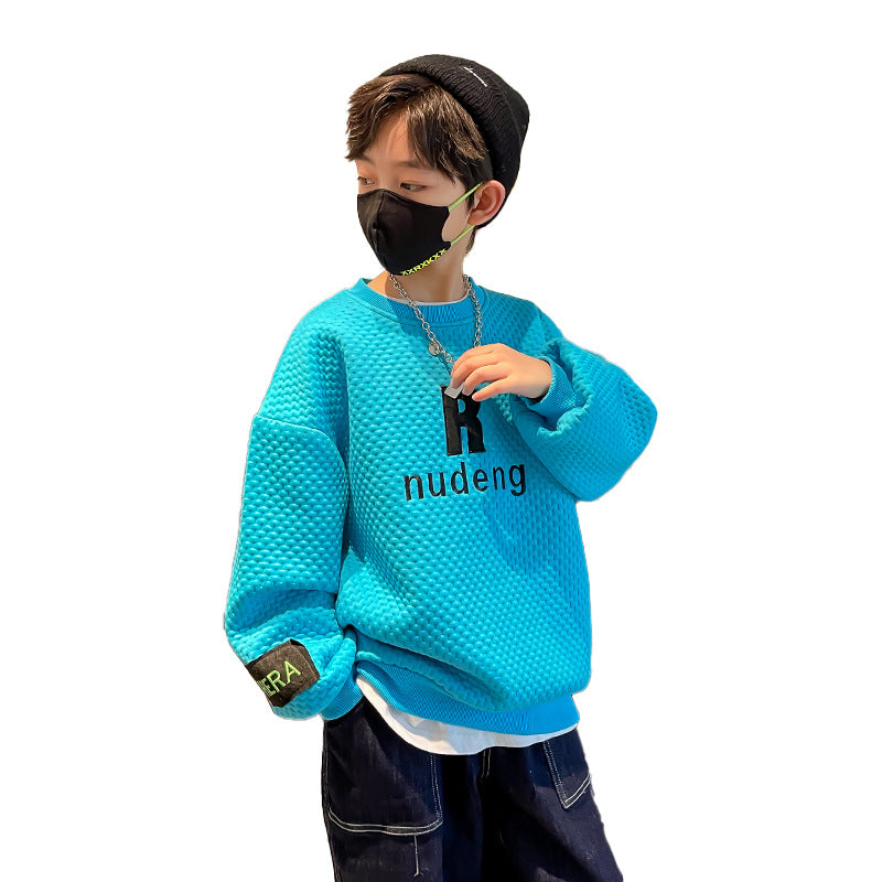 Sweat-shirt waffle streetwear coréen garçon – noir/bleu