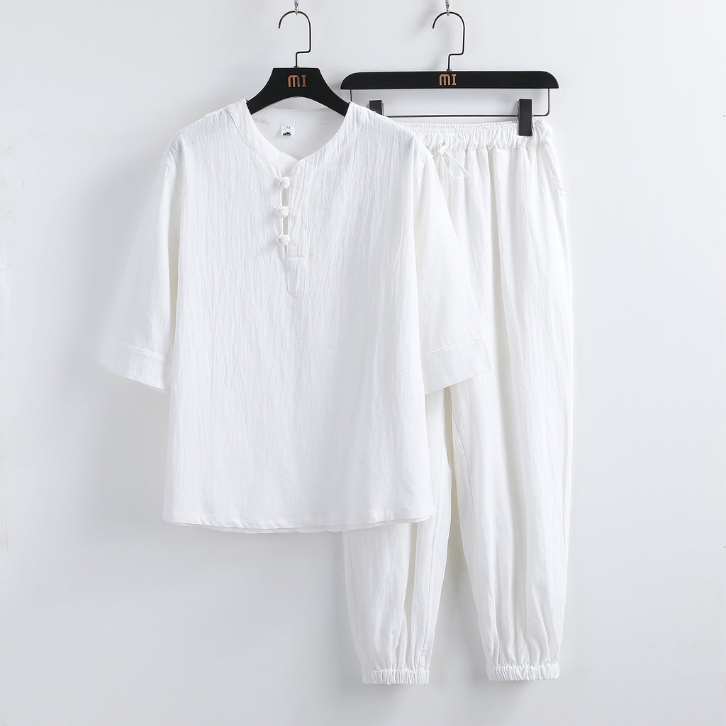 Costume hanfu lin manches courtes boucles bouddhistes – style chinois été homme