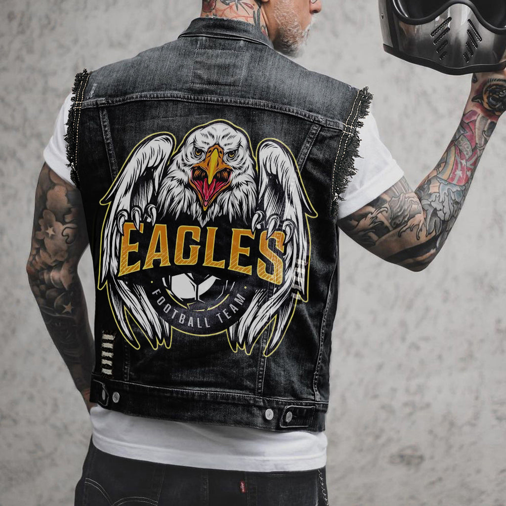 Denim baadjie met arenddruk vir mans – swart straatdrag van S tot 6XL