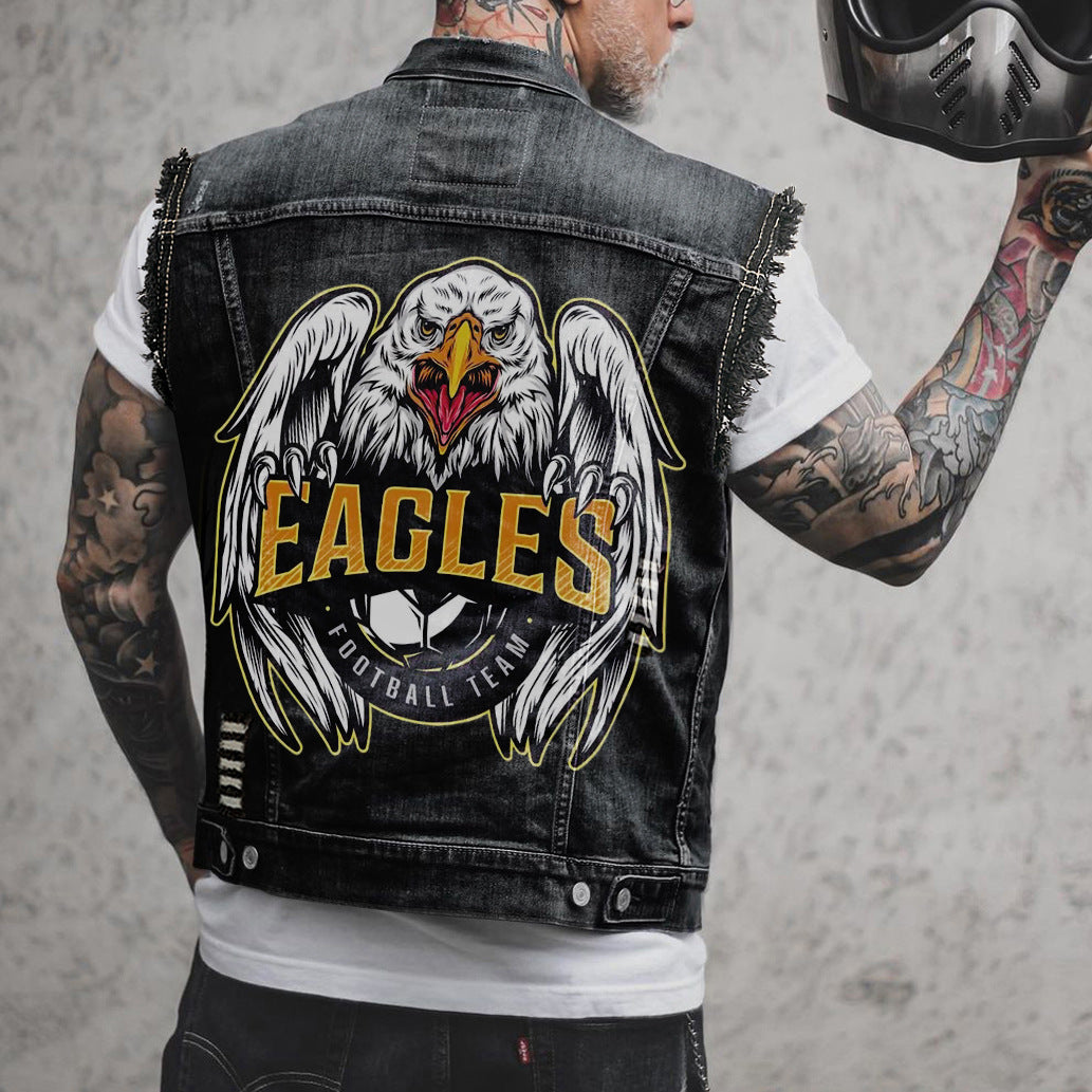 Gilet en jean imprimé aigle homme – streetwear noir du S au 6XL