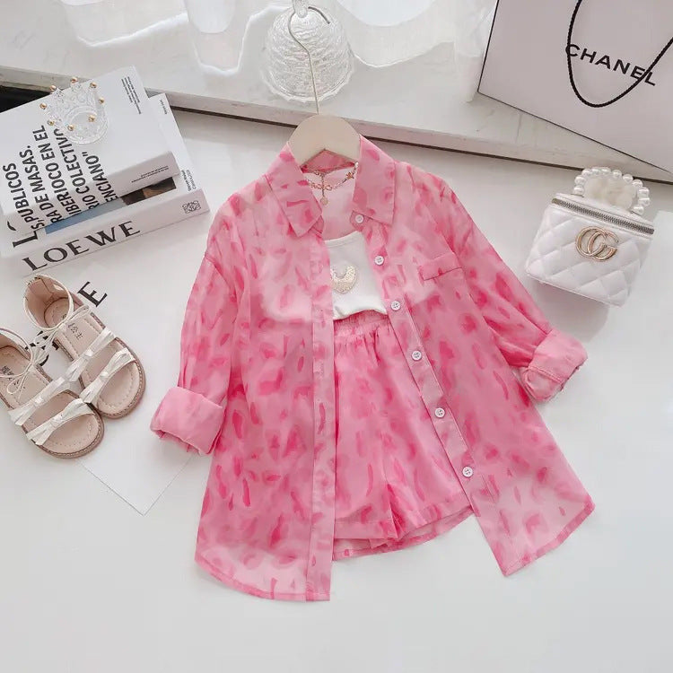Ensemble anti-UV fille pois rose 2 pièces – chemise + short