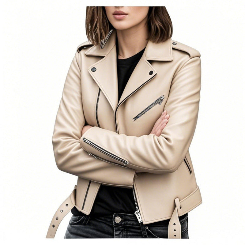 BLOUSON COURT CUIR PU FEMME – VESTE CASUAL SLIM FIT STREET HIPSTER RIVETS