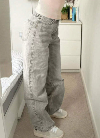 PANTALON FEMME TAILLE HAUTE LARGE DENIM GRIS – COUPE DROITE STREETWEAR
