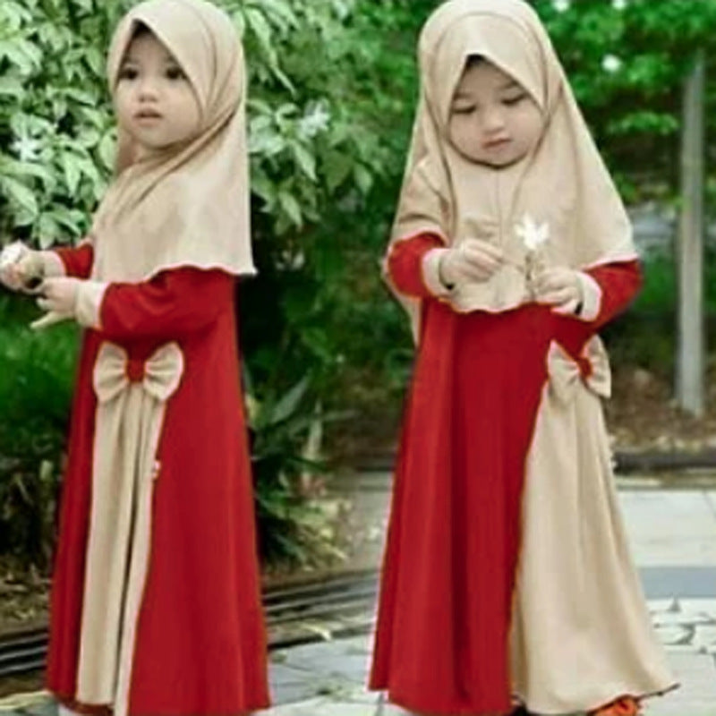 Robe abaya fille manches longues avec bandeau – coton uni vert ou rouge