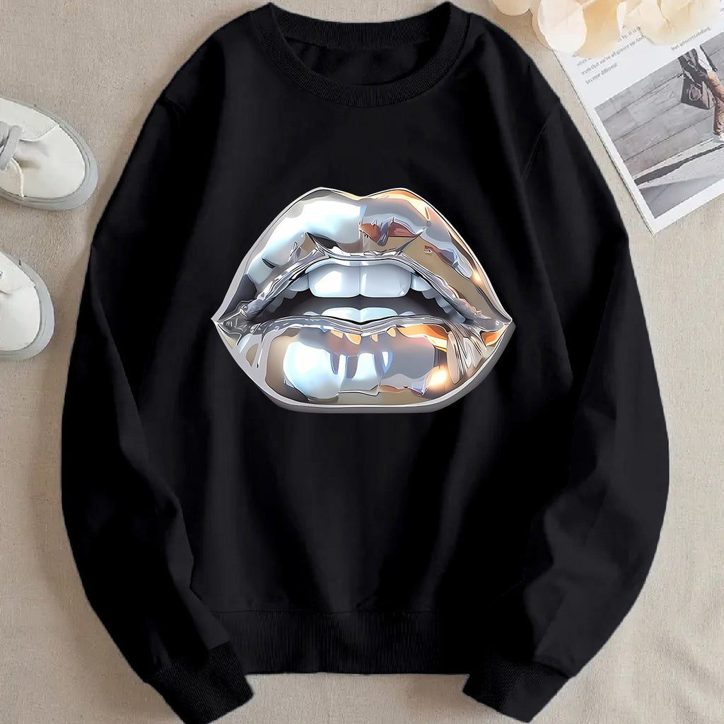 Sweat à manches longues femme motif lèvres silver cartoon.style fun et tendance.