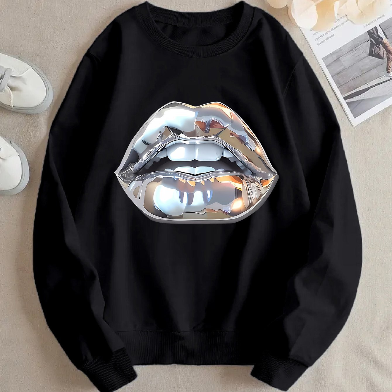 Sweat à manches longues femme motif lèvres silver cartoon.style fun et tendance.