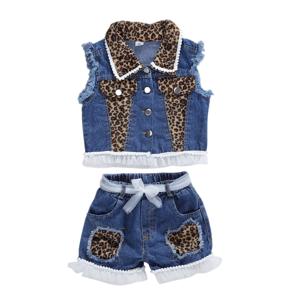 Ensemble fille 2 pièces denim léopard sans manches