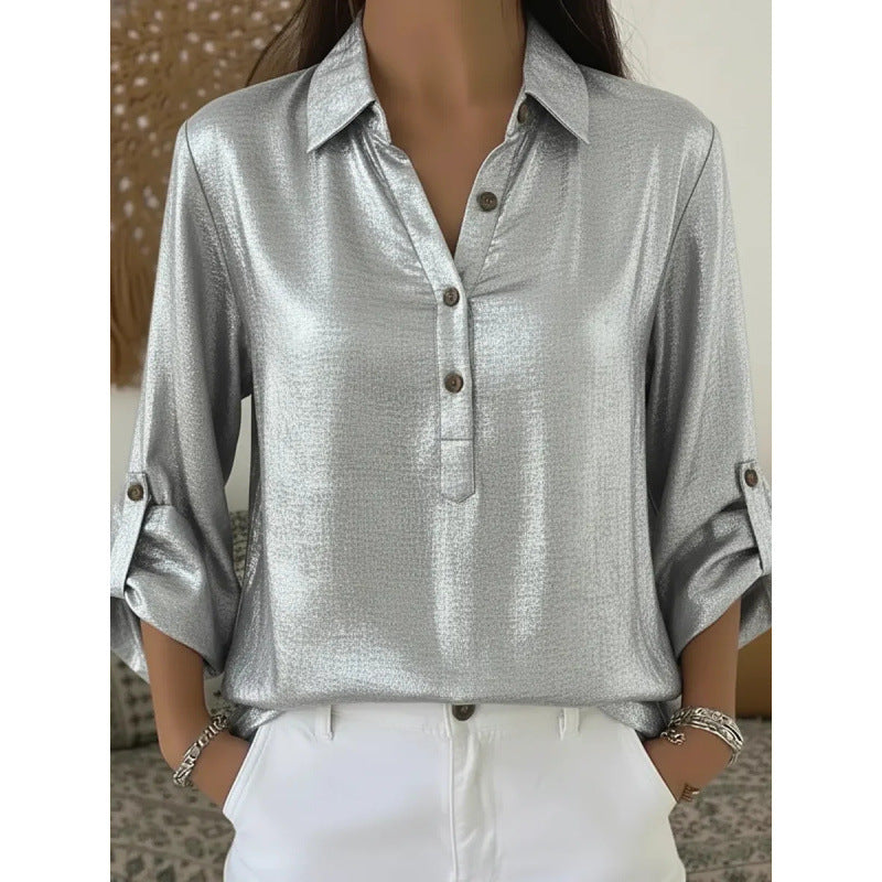 Solid Button-Down Collar Blouse Long Sleeves