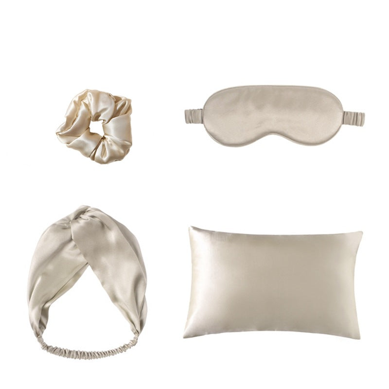 4-delige Stel – Dubbelzijdige Slaapmasker van Sy, Kussingsloop, Elastiek vir Hare