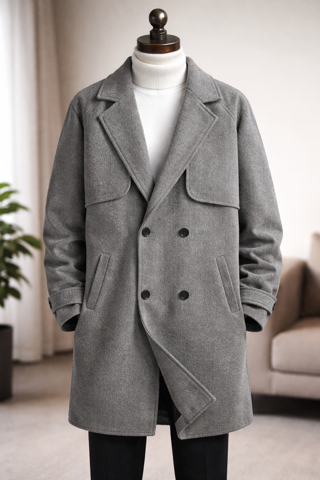 Manteau mi-long homme en laine croisée – coupe loose, élégant et polyvalent