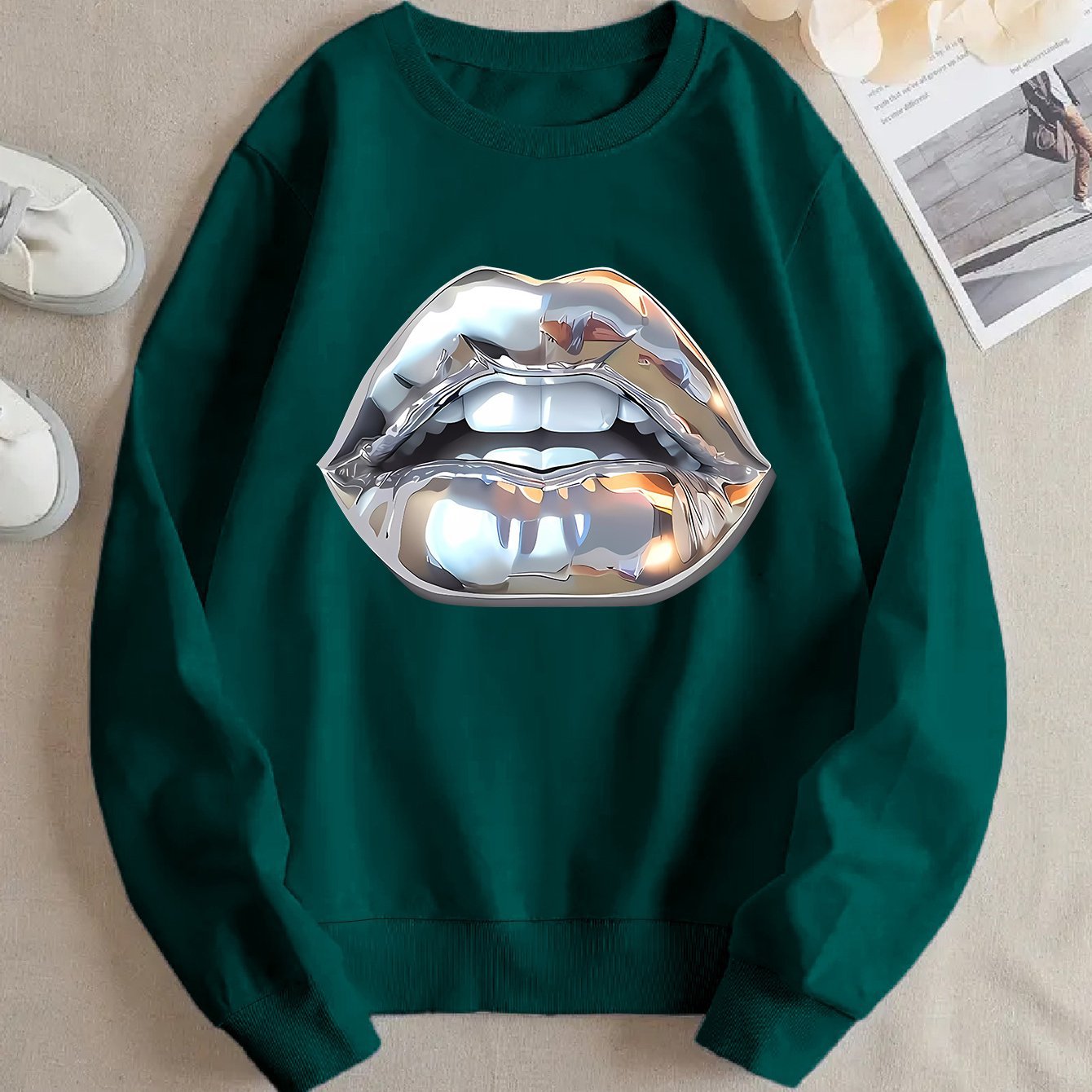 Sweat à manches longues femme motif lèvres silver cartoon.style fun et tendance.