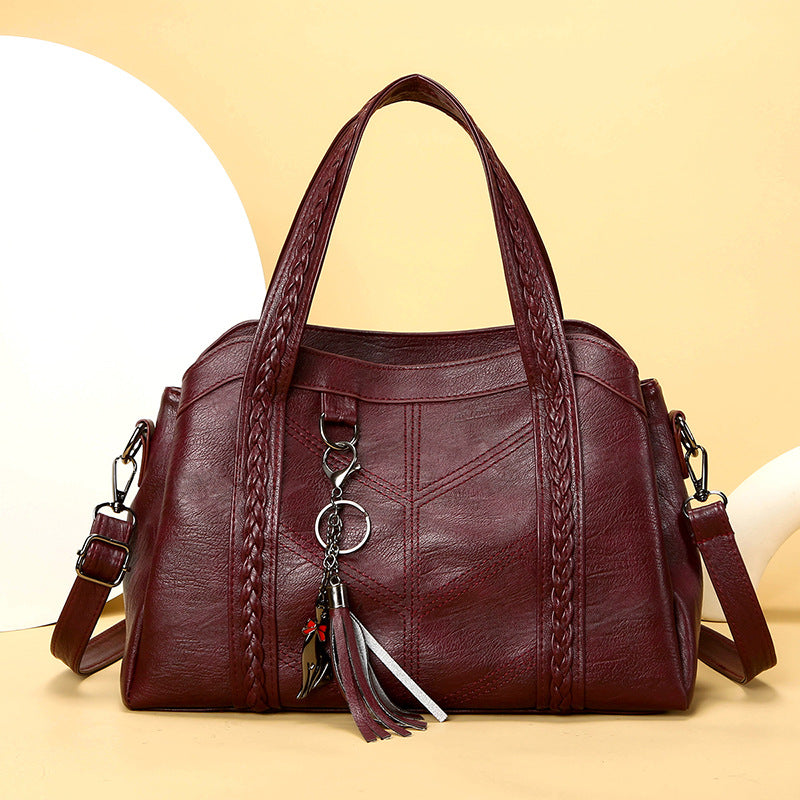 Sac bandoulière vintage PU carré horizontal – noir/marron/rouge/violet pompons