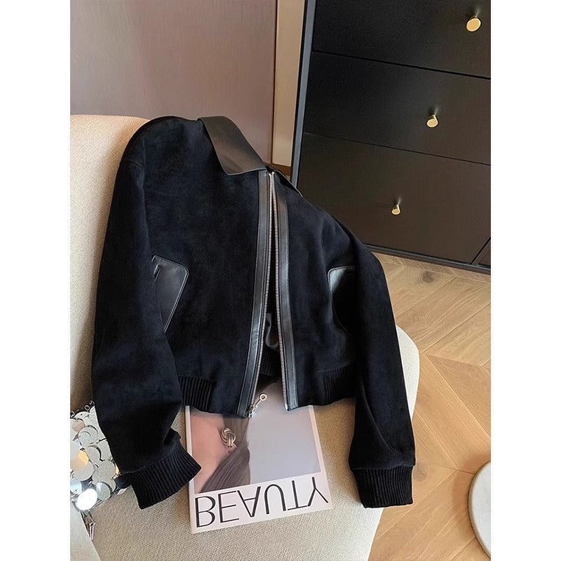Blazer patchwork simili suède noir, coupe courte tendance femme.