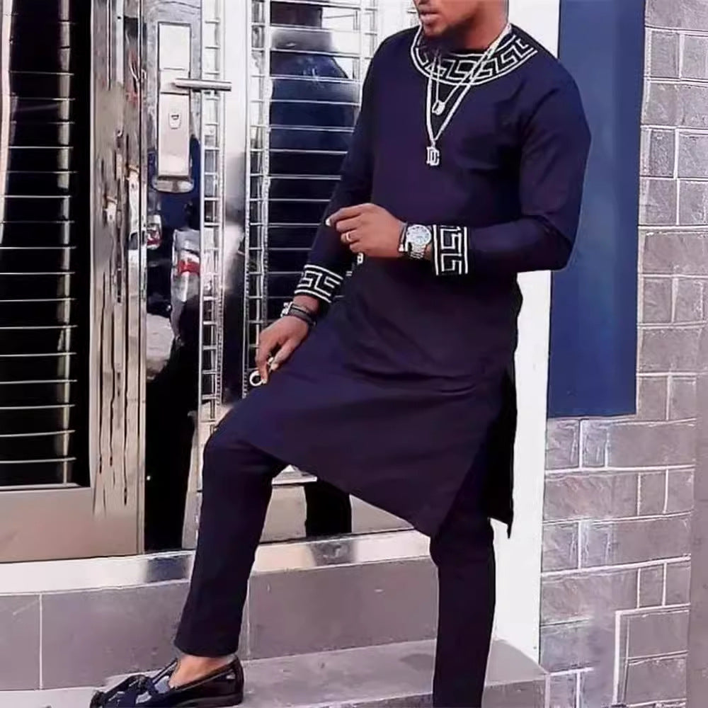 Costume africain imprimé homme manches longues – ensemble top pantalon loose 5 coloris