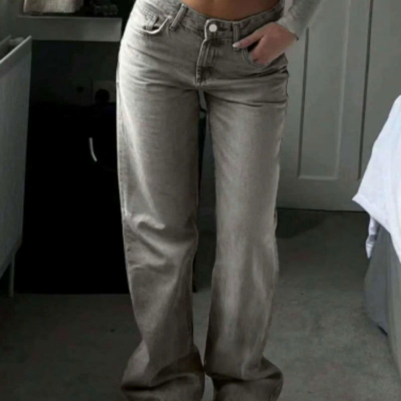 PANTALON FEMME TAILLE HAUTE LARGE DENIM GRIS – COUPE DROITE STREETWEAR