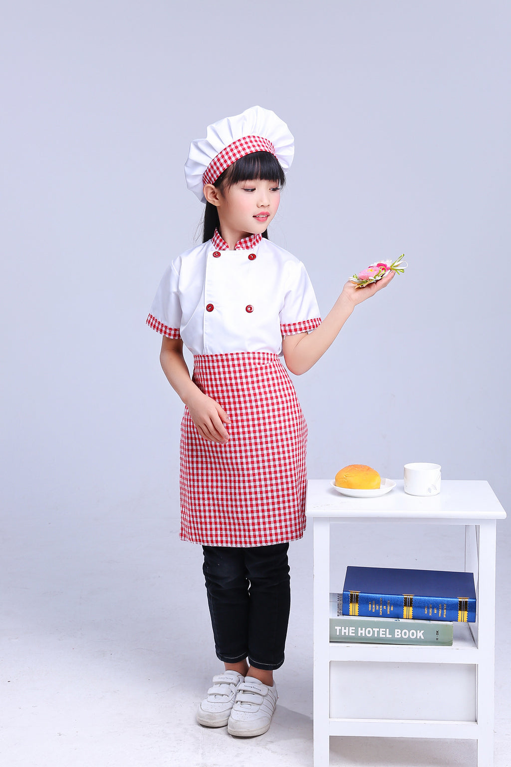 Costume chef COS enfants fourrure lapin – carreaux complet haut/tablier/chapeau