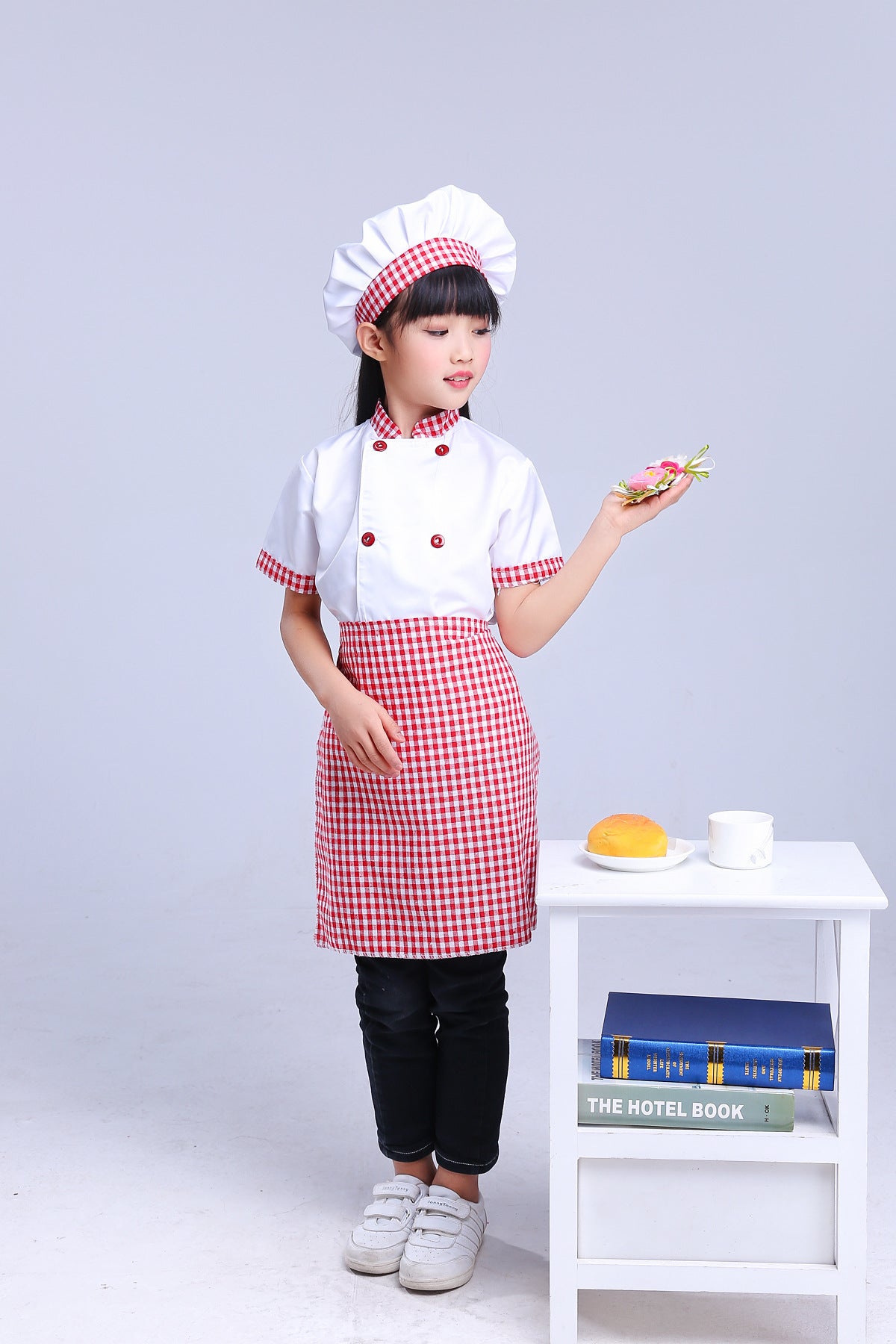 Costume chef COS enfants fourrure lapin – carreaux complet haut/tablier/chapeau