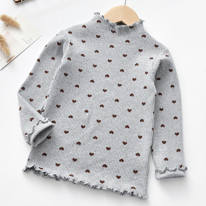 T-shirt manches longues coton fille cœur – blanc/rose/gris