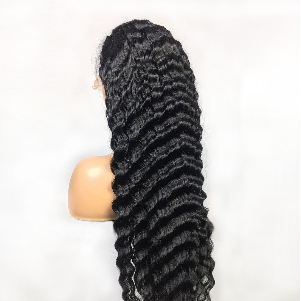 Perruque deep wave lace frontale 13x4 cheveux humains – noir 14-20 pouces