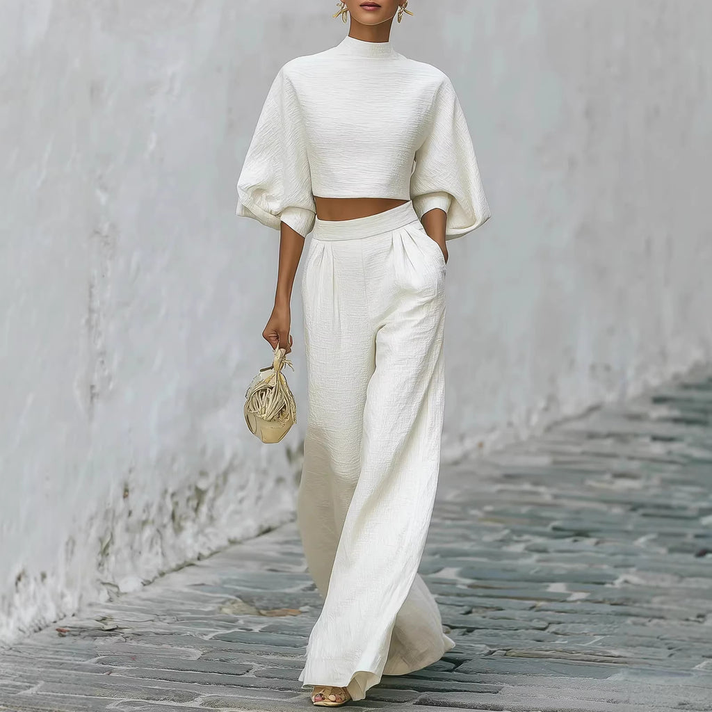 SET 2 PIÈCES FEMME CROP TOP + PANTALON TAILLE HAUTE BLANC – LOOK CASUAL ÉLÉGANT