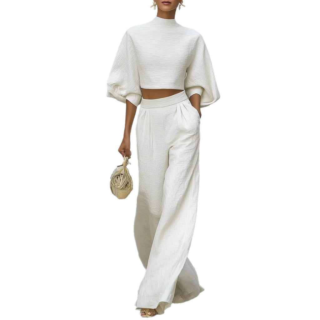 SET 2 PIÈCES FEMME CROP TOP + PANTALON TAILLE HAUTE BLANC – LOOK CASUAL ÉLÉGANT