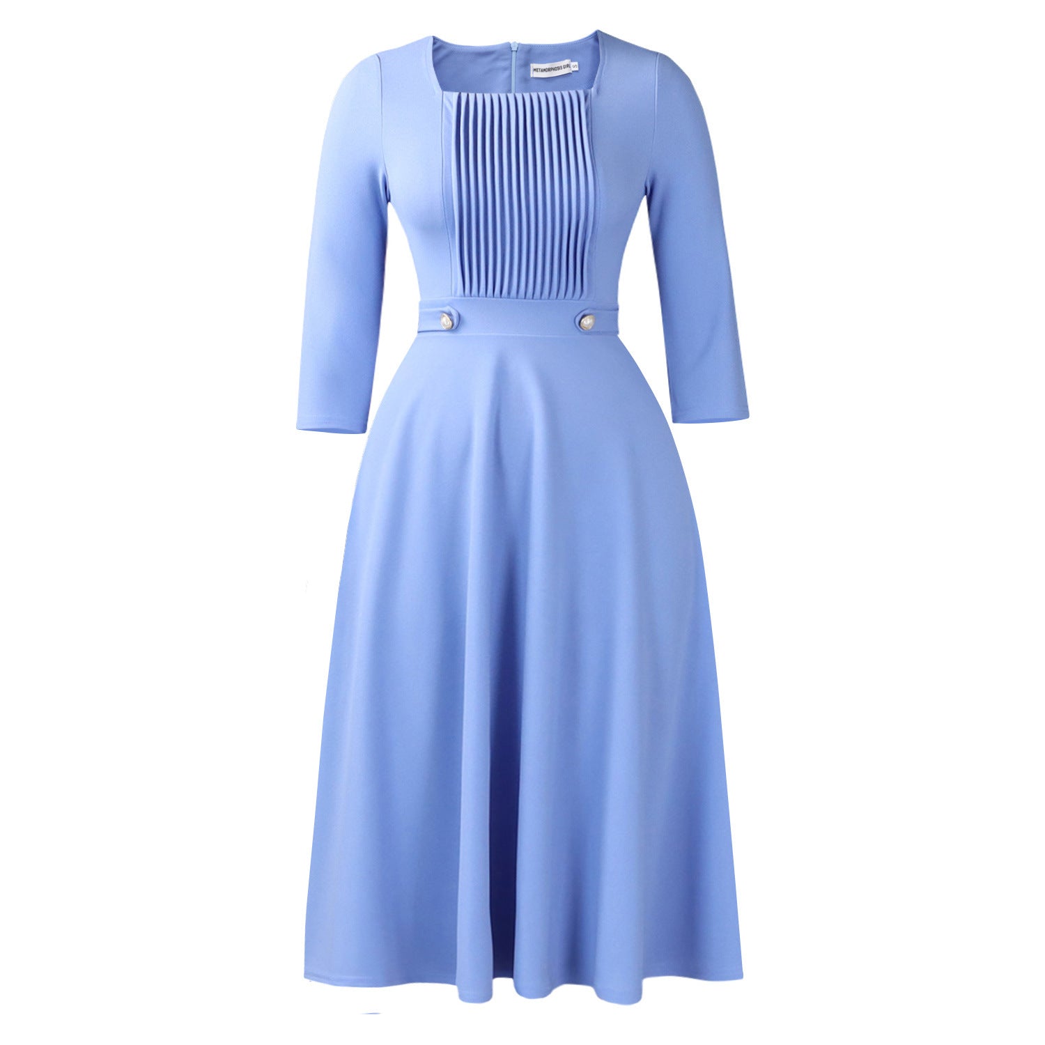 Robe plissée col carré unie chic, grande taille