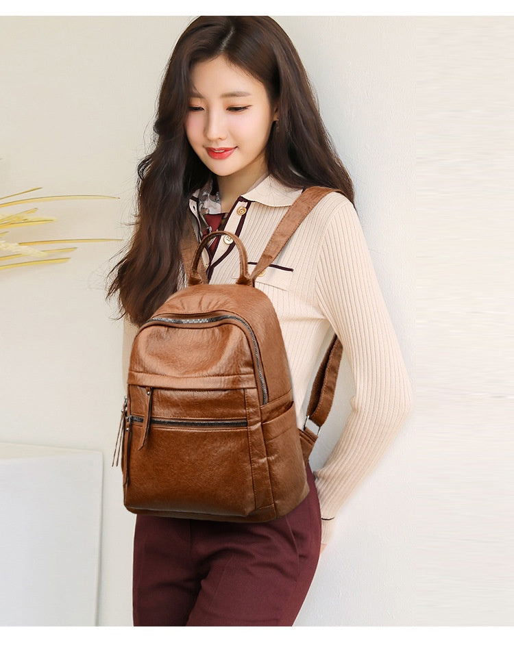 Sac à dos étudiant cuir souple PU grande capacité – noir/marron antivol