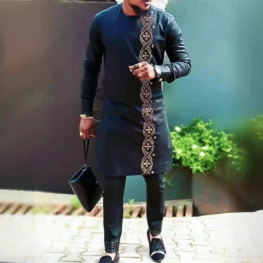 Costume africain imprimé homme manches longues – ensemble top pantalon loose 5 coloris