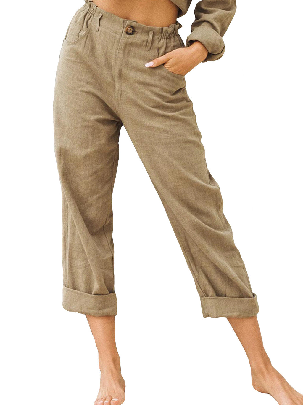 Pantalon femme en coton lin à taille haute – ample, confortable et décontracté