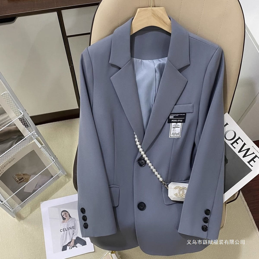 Blazer texturé gris-bleu femme, style designer streetwear viral.