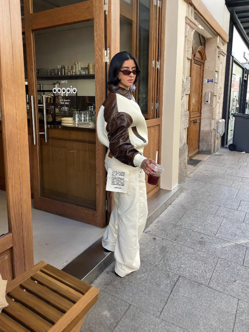 Veste patchwork maille et cuir femme, chic et tendance mode.