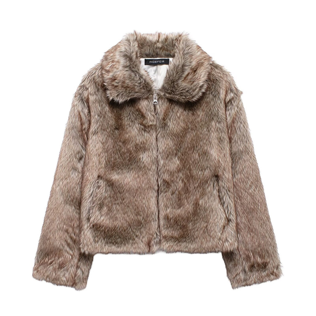 VESTE FAUSSE FOURRURE MEIFENG FEMME – VINTAGE PREPPY RÉTRO ZIP COL FOURRURE