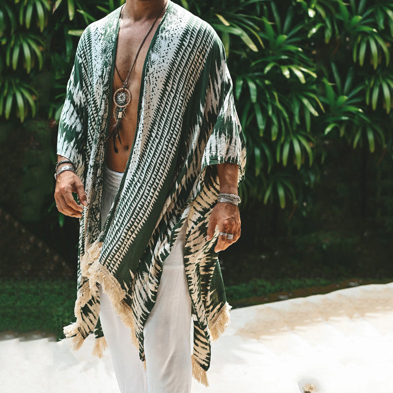 Cape de plage imprimée homme loose tendance – vert foncé réversible