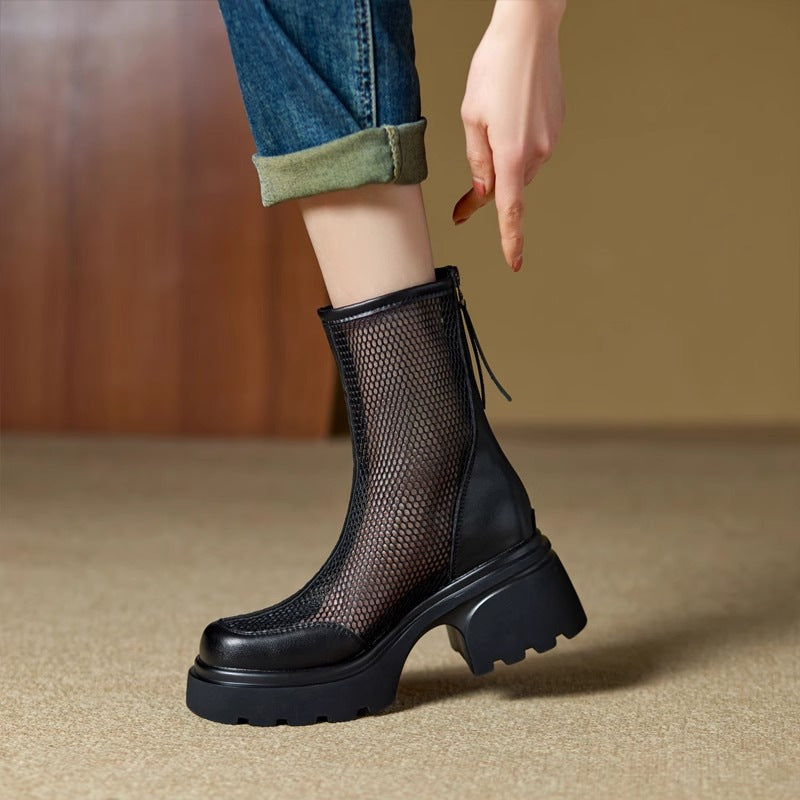 Bottes plateforme maille respirante femme – daim beige talon épais été