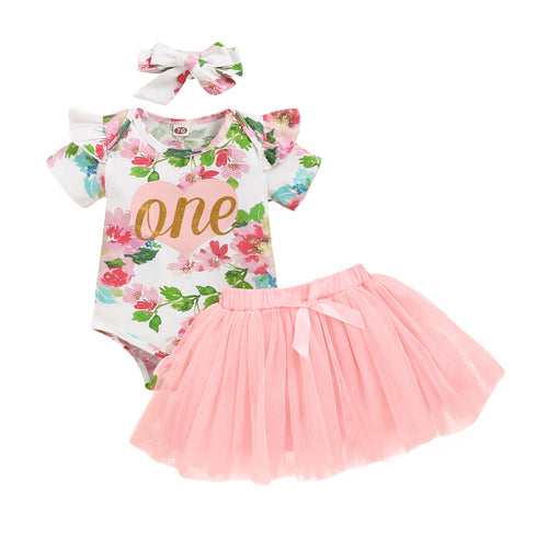 Ensemble bébé fille 3 pièces rose – combinaison, jupe et bandeau en coton