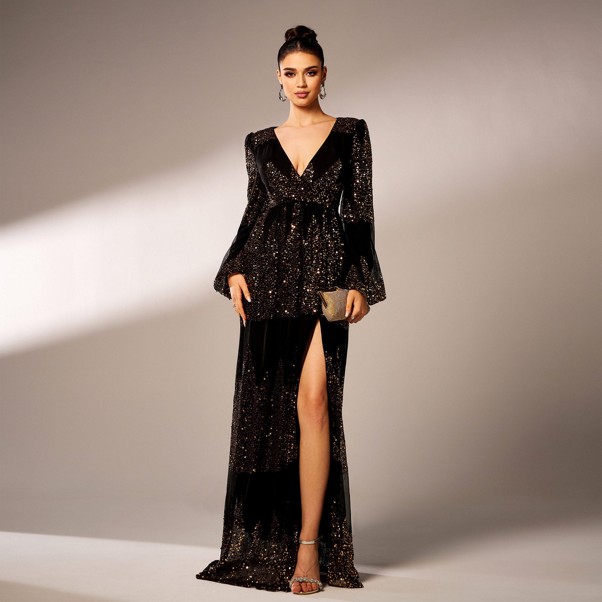 Long Sequin Dress V-Neck Long Sleeves – Sexy Elegant Evening