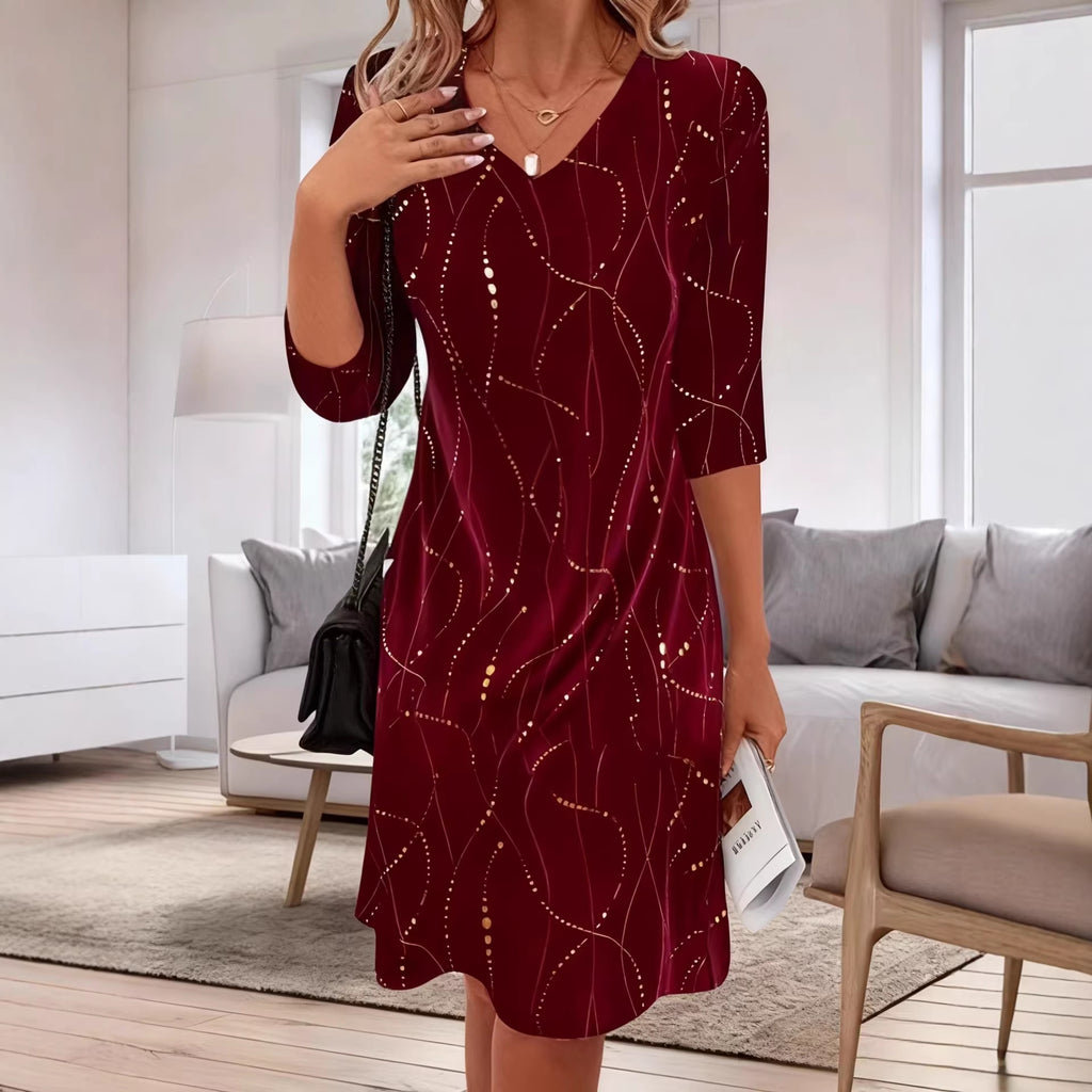 Robe imprimée femme col V manches mi-longues